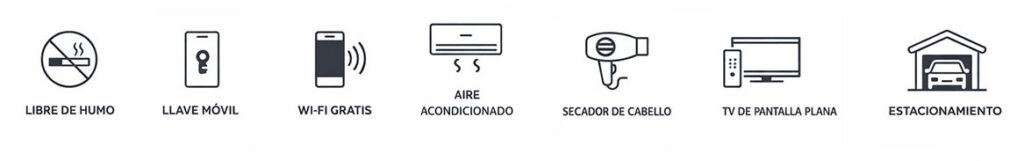Iconos de servicios de hotel en color negro sobre fondo blanco: Libre de humo, Llave móvil, Wi-Fi gratis, Aire acondicionado, Secador de cabello, TV de pantalla plana y Estacionamiento.