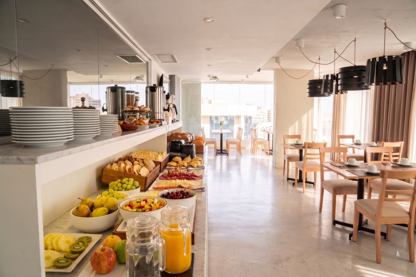 Breakfast buffet with fresh fruit, baked goods and juices next to the restaurant dining room