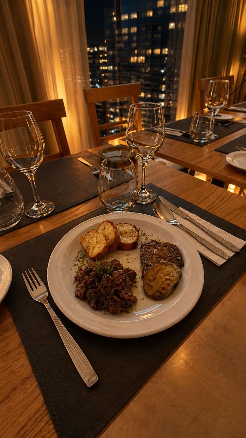 Braised meat with grilled eggplant and garlic bread, served at night