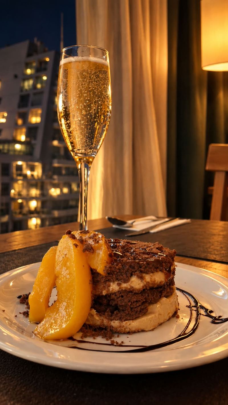 Chocolate and peach dessert with a glass of sparkling wine