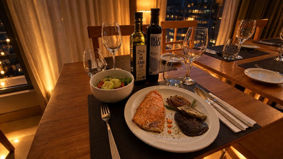 Salmon with vegetables and salad next to glasses of wine