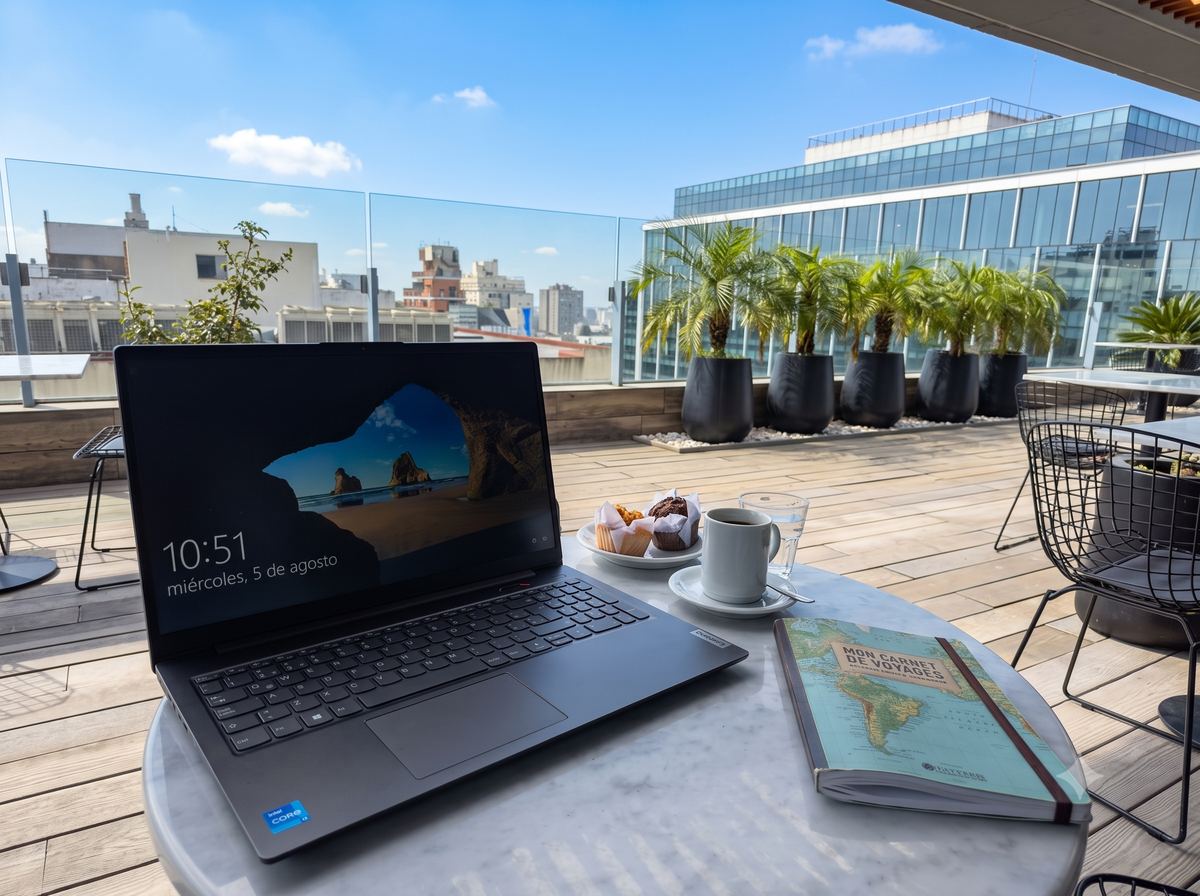 Coffee and muffins next to a laptop on the hotel terrace