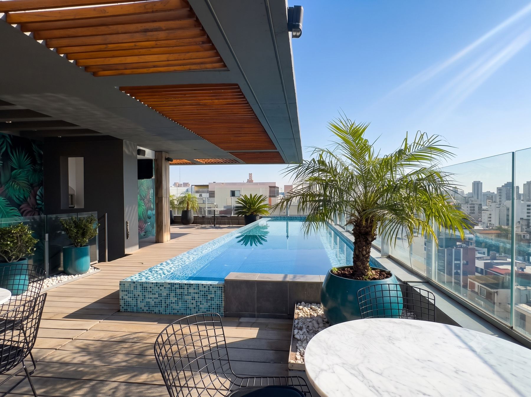 14th-floor rooftop terrace with a pool, palm trees and city views